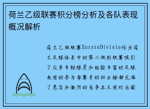 荷兰乙级联赛积分榜分析及各队表现概况解析