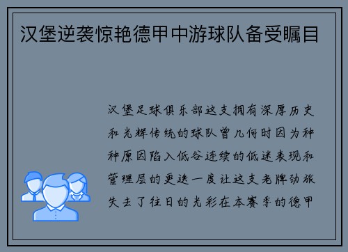汉堡逆袭惊艳德甲中游球队备受瞩目